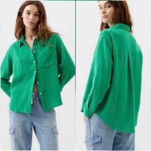 GAP New Kelly Green Gauze The Big Shirt Button Front Long Sleeve SZ Small Boho